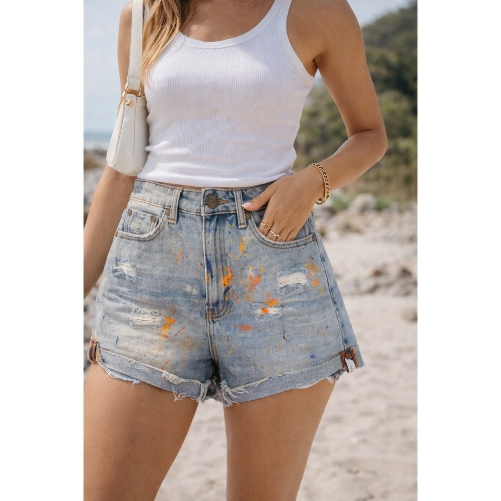 One Teaspoon High Waist Bandits Denim Shorts Paint Splatter Distressed Blue 26